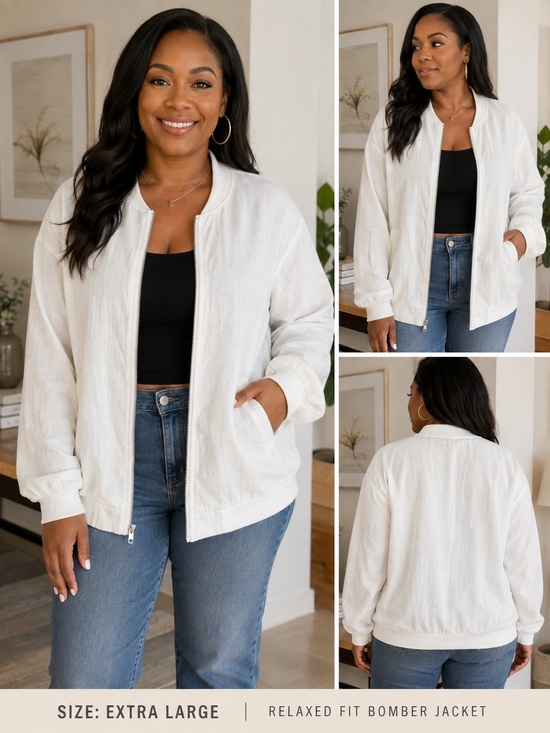 chic style lab Jackets & Blazers - Relaxed White Bomber Jacket — Women's Casual Zip-Up